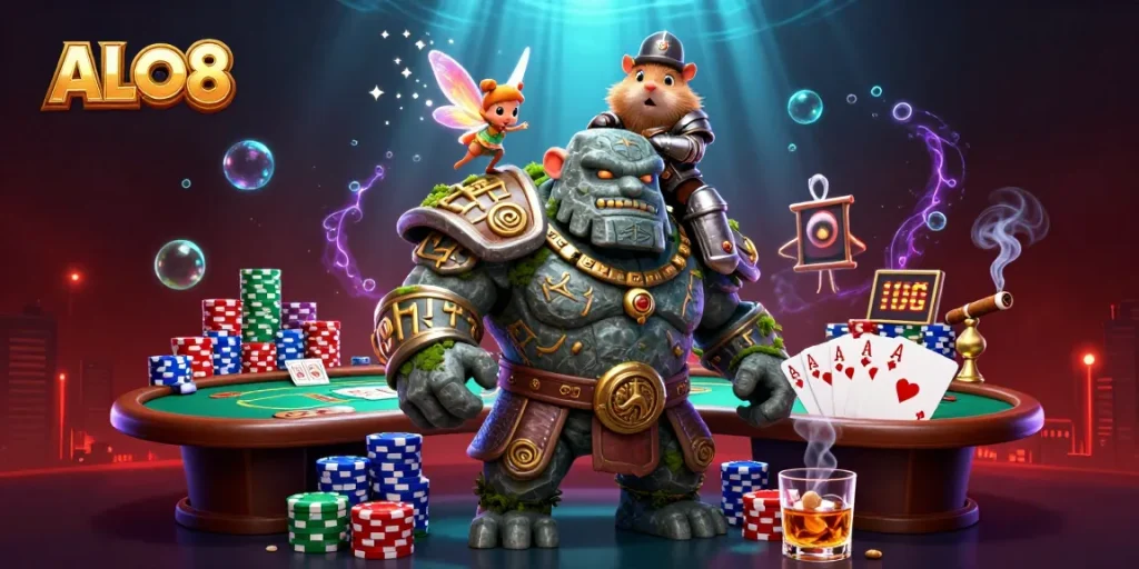 Experience the vibrant ALO8 gaming scene with a lively stone golem and whimsical fairy enhancing the atmosphere.